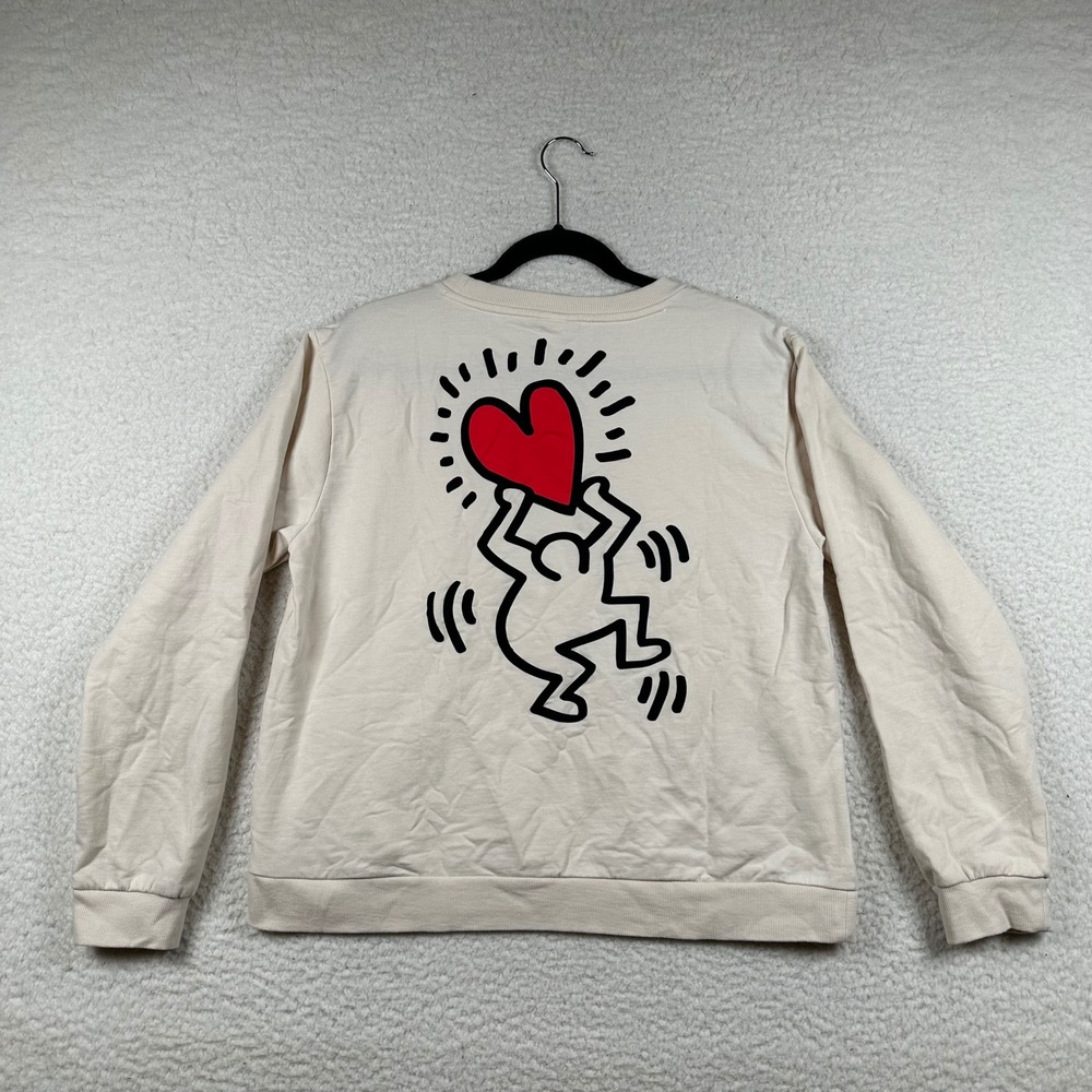 Keith Haring x H&M Radiant Heart Crewneck Sweatshirt Beige Pop Art L Streetwear